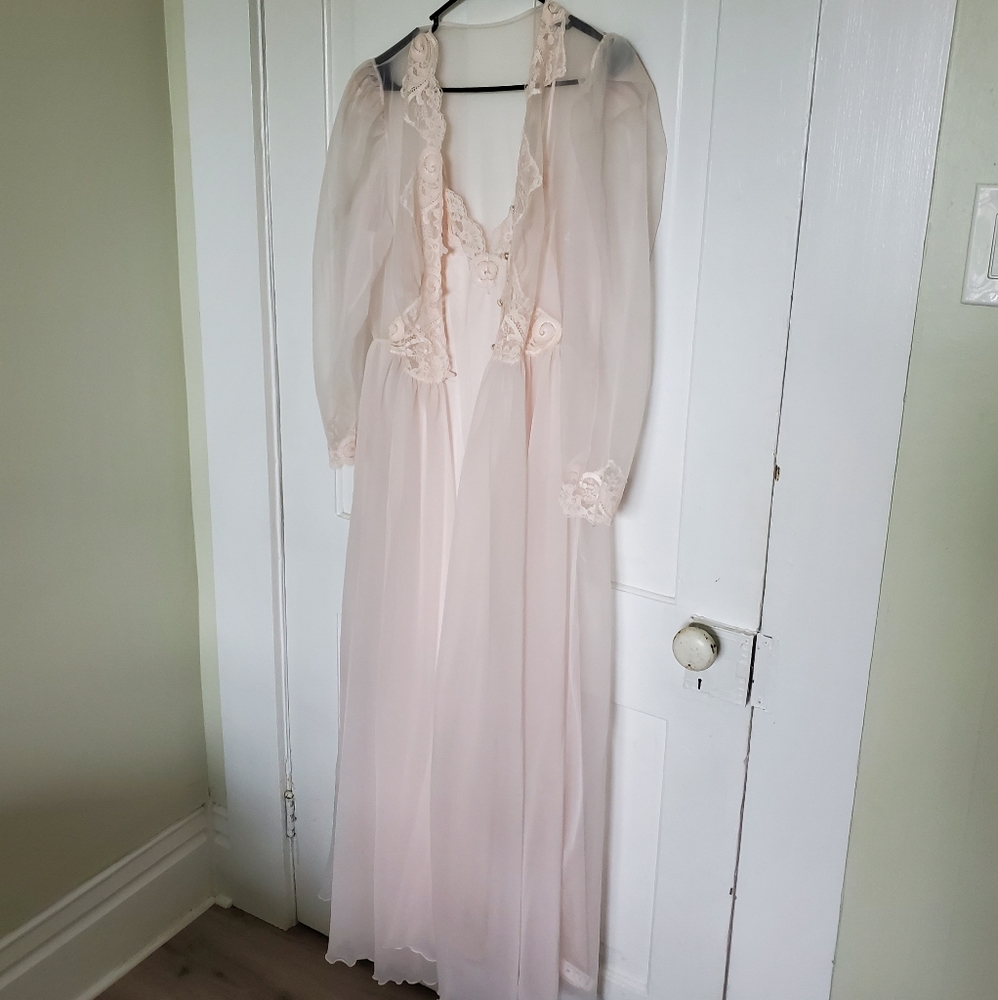 Vintage OLGA Sheer Lace-Trim Long Nightgown - Light Blush Pink